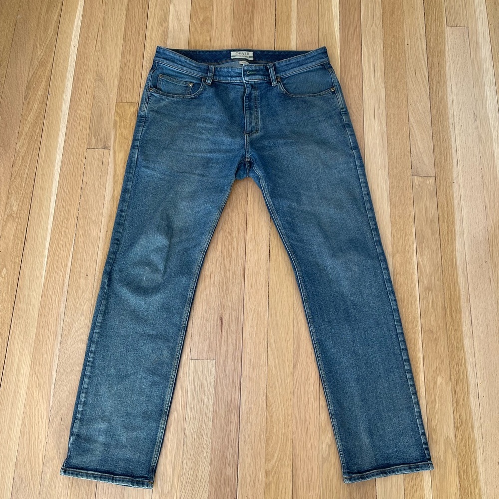 Orvis Montana Morning Denim.  Color is Shore.  Inseam 30”. mid-stretch, 10.5-oz.